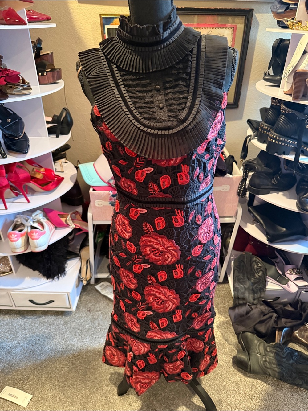 Alice + Olivia Black Lace Maxi Dress with Red Rose Embroidery